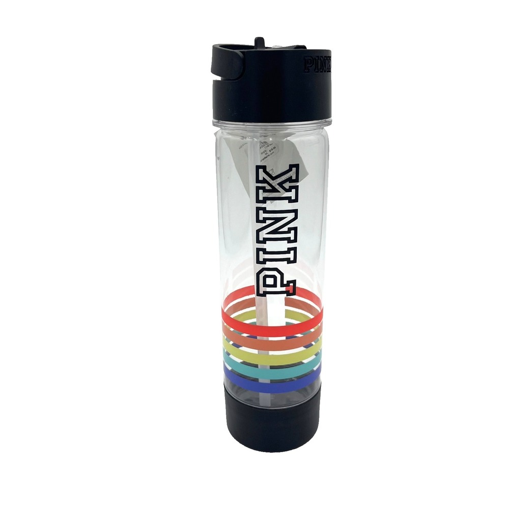 Victoria's Secret Pink Campus Plastic Water Bottle With‎ Straw 24oz Striped